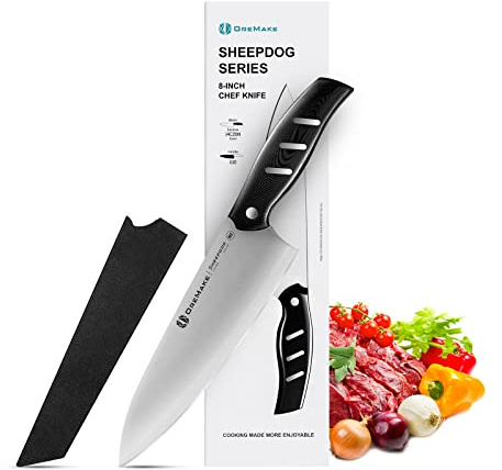 OREMAKE Sheepdog-8in Chef Knife Cuchillo Cocina Acero Inoxidable Súper Afilado Hoja de 200mm Cuchillo Chef con Mango G10 Ergonómico Profesional para Verduras, Frutas y Carne (Negro)