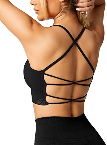 ZAAYO Damen Gym BH Gepolstert Crossback Fitness Sport Bra Abnehmbarer Brustpolster Yoga Tops Gestrickte Nahtlose Sportbekleidung Schwarz Small