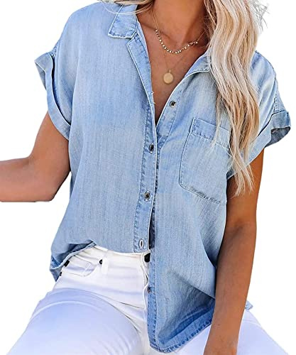 NLAVW Damen Sommer-Jeanshemd mit Knopfleiste, kurzärmelig, Freizeithemd, Oberteil, lockere Passform, Jeansjacke, Bluse, passende Tunika-Bluse,Blau,L