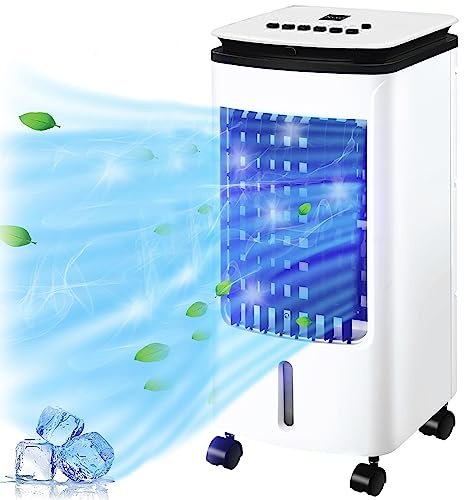 Portable Air Cooler Fan with Remote Control, Powerful, 3.5L Water Tank, 2 Ice Box, 3 Fan Speed Settings, 120° Oscillation, Anti-Dust Filter, Evaporative Cooling Fan on Wheels, White