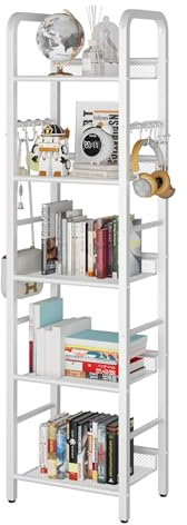 YMYNY Libreria a 5 strati, Libreria, Racchetto di stoccaggio, Mensole, Gancio a S 8 pezzi, Struttura in metallo, Stile minimalista, per Soggiorno, Ufficio, Bagno, Bianco HBC055W
