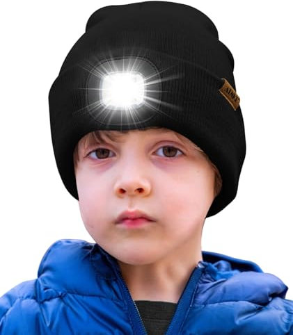 ATNKE Kids LED Beleuchtete Mütze mit Licht,Wiederaufladbare USB 4 LED Laufmütze Extrem Heller Lampe Winter Warme Stricken Mütze Großartig Geschenke für Jungen und Mädchen/Black