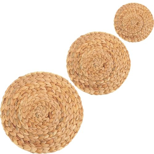 ieron Runde Tischsets – Set mit 3 Tischsets aus Wasserhyazinthe und Untersetzer, rund, handgefertigt, natürliches Gras, gewebt, hitzebeständig, Küche, Esstisch, Zubehör, 11 cm - 18 cm - 25 cm