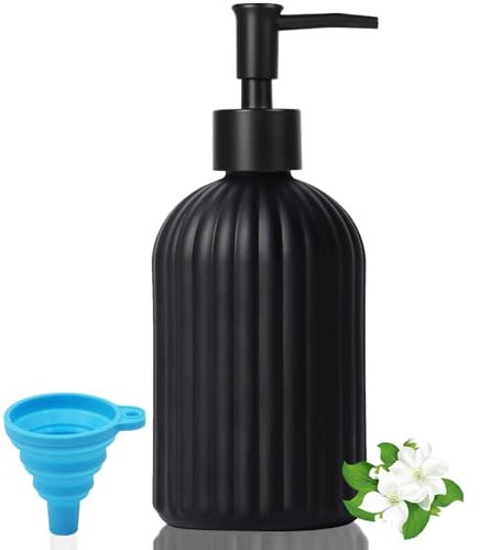 GKSCXEXE 400ml Glass Soap Dispenser with Funnel & Plastic Pump, Black Liquid Hand Soap Dispenser for Bathroom & Kitchen, Refillable Pump Bottle Dispenser for Dish Soap, Lotions, Essential Oil, Shampoo