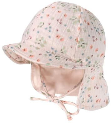 maximo GOTS Baby-Schildmütze, Band Musselinstoff, Nackenschutz, Futter, UV 43 blassrosa-blümchen