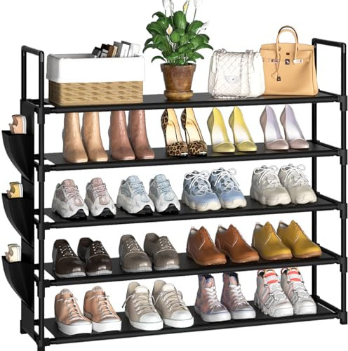 OYREL Shoe Rack 5 Tier 20-25 Pairs Shoes, Shoe Storage Organizer Large with Side Bag Space Saving for Closet, Entryway, Garage, Bedroom Non-Woven Shoe Rack Shelf Black
