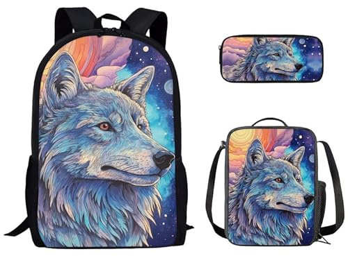 Kuiaobaty Colorful Wolf Print Boys Backpack Sets with Pencil Case, Color Paint Wolf Bookbag School Bag for Kids with Insulated Lunch Boxes