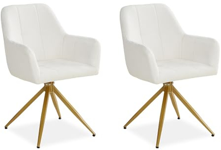 Homestyle4u 2er Set Esszimmerstühle Beige - Polsterstühle Bouclé Gold | Drehbare Küchenstühle mit Armlehne - Polstersessel in Creme - Loungesessel Metallbeine Gold - 56 x 86 cm