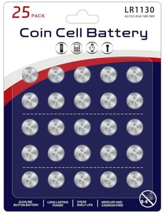 JUNINXIU Lot de 25 piles bouton LR1130 AG10 L1131F L1131c SG10 389 189 LR54 V10GA - Haute capacité - Piles bouton alcalines de qualité supérieure 1,5 V