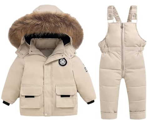 BYFRI Toddler Boys Girls Snow Suits Infant Winter Down Hooded Jacket & Ski Bib Pants Set Baby Warm Coat Jumpsuit Waterproof