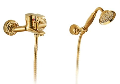 Badewannenarmatur Wannenbatterie Retro Vintage Messing Einhand Wandmontage Wannenarmatur Badewanne Amatur mit Handbrause Wannenmischer Dusche Set Gold