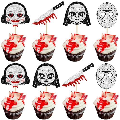 Gyufise 24Pcs Horror Movie Cupcake Toppers Horror Birthday Decorations Horror Characters Cupcake Picks for Horror Theme Birthday Baby Shower Halloween Party Cake Decorations