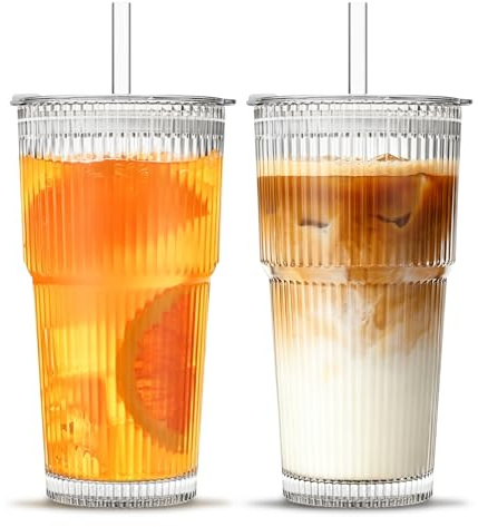 INSETLAN 20 oz Ribbed Glass Tumblers with Lids and Glass Straws – 2-Piece Glassware Set, Heavy-Duty Tumblers, Ideal for Iced Coffee, Smoothies, Cocktails, and Juices – Elegant and Durable Drinkware