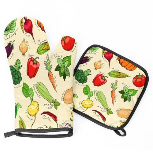 Broccoli Pumpkin Eggplant Oven Mitts and Pot Holders Sets of 2, Vegetables Print Heat Resistant Kitchen Oven Gloves Hot Pads for Cooking BBQ Baking