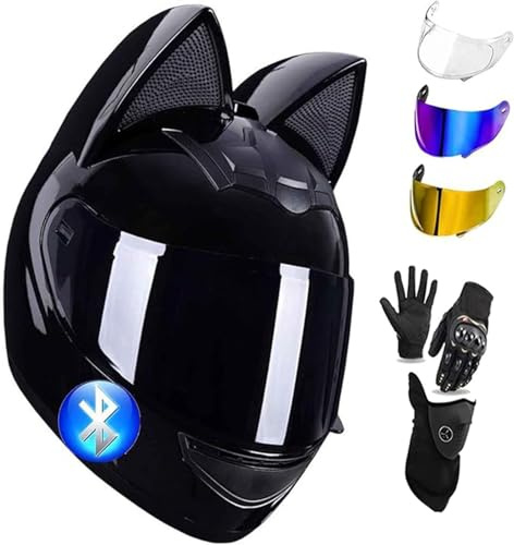 Casco Integral Para Motocicleta, Casco De Motocicleta Con Orejas De Gato Y Bluetooth Con Certificación ECE, Con Visera Negra Para Mujeres Y Hombres D,M/(55~56cm)