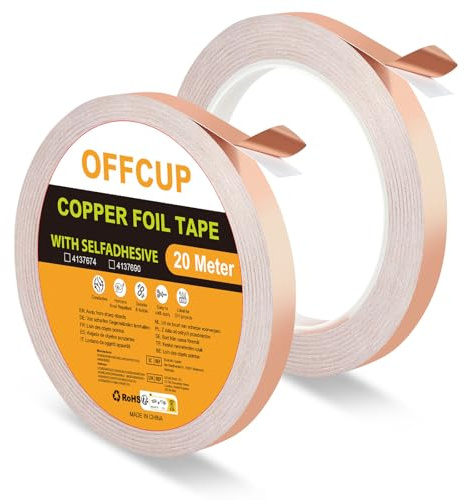 OFFCUP Kupferband Gegen Schnecken, 2 Stück 10mm × 20m Kupferfolienband | Selbstklebend Abschirmband, Kupferfolie Klebeband Schneckenabwehr Kupfer Schneckenband Schneckenschutz für DIY