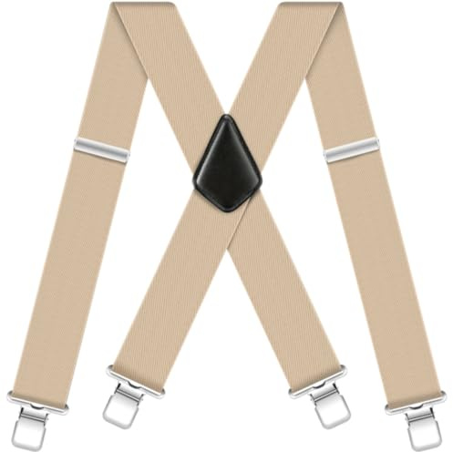 Men's Braces for Trousers 5cm Wide 4 Metal Clips Heavy Duty X Style Khaki