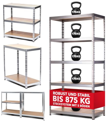 WALTER Schwerlastregal, 5 Regalböden, 175 kg pro Regalboden, 875 kg | Tragkraft, Gesamttragkraft, Robuster galvanisierter Stahlrahmen, Schnelle und einfache Montage ohne zusätzliches Werkzeug