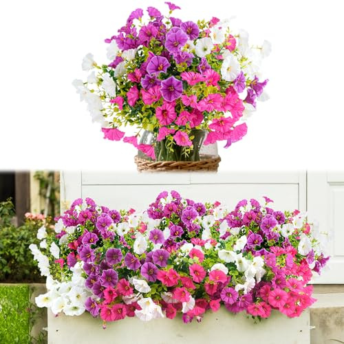Muyohix 9 Piezas Plástico Flores Artificiales, 35 cm Rojo/Blanco/Morado Plantas Artificiales Decorativas,Flores Artificiales Decoracion para Balcón, Alféizar de Ventana Jardinera Interior y Exterior