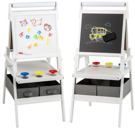 HOMASIS 3-in-1 Kindertafel aus Holz mit Stauraum, Kunstpferd mit Whiteboard, Kreidetafel und Papierrolle, für Kinder von 3-6 Jahren (weiß)