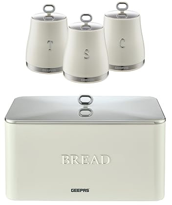 GEEPAS Retrovive Tea Coffee Sugar Canister & Bread Bin Set | 13L Bread Box 1.4L Airtight Canister Set | Carbon Steel Build Kitchen Counter Storage Space Saver | 2 Year Warranty Cream