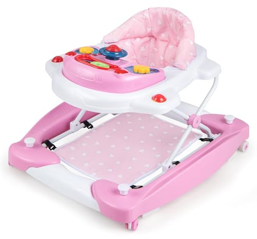 RELAX4LIFE Girello Attività Pieghevole 6-in-1 per Bambini,con 3 Posizioni Regolabili, Vassoio Musicale Rimovibile, Funzione a Dondolo, Convertibile in Salta-salta (ROSA)