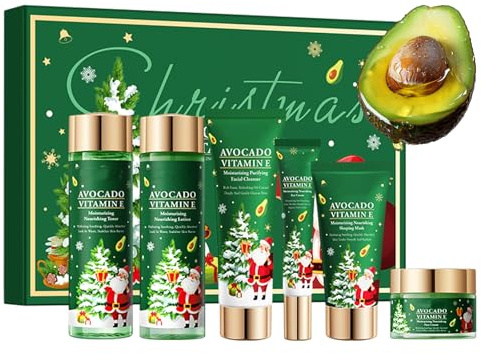 Ensemble de Soins du Visage pour Femme,Noël Soins Visage Hydratants,Coffret Soin Visage Femme avec Cleanser,Toner,Sérum,Crème,Contour Yeux,Masque Hydratant Visage,Noël Coffret Cadeau (Avocat)