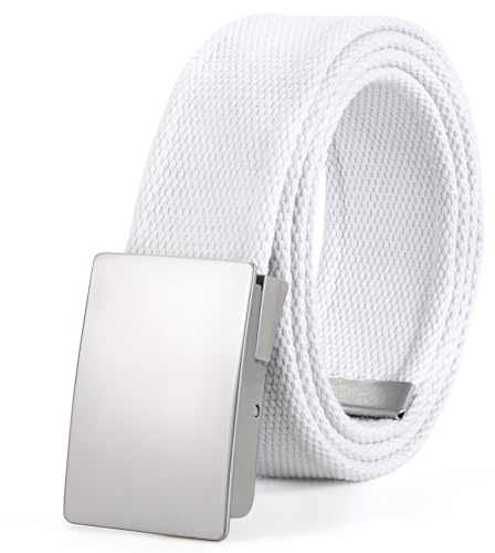 WHIPPY Herren Nylon Canvas Arbeitsgürtel Verstellbar Stoffgürtel Unisex Web Gürtel mit Metallschnalle, Weiß Silberne Schnalle, 135cm