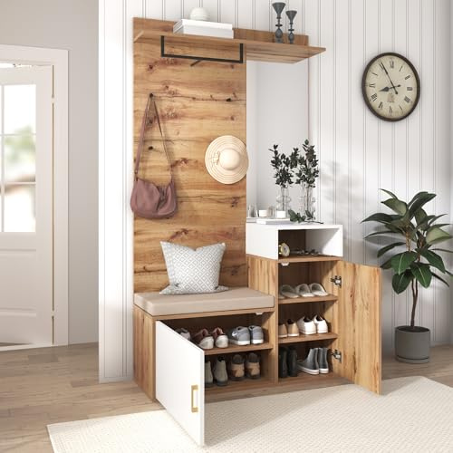 Juabett Garderoben-Set, Flurgarderobe mit Sitzbank & Spiegel, Garderobe mit Schuhschrank, Kompaktgarderobe mit 6 goldenen Kleiderhaken, Kissen, oberes Ablagefach, 105 * 40 * 190.5cm Weiß + Holzfarbe