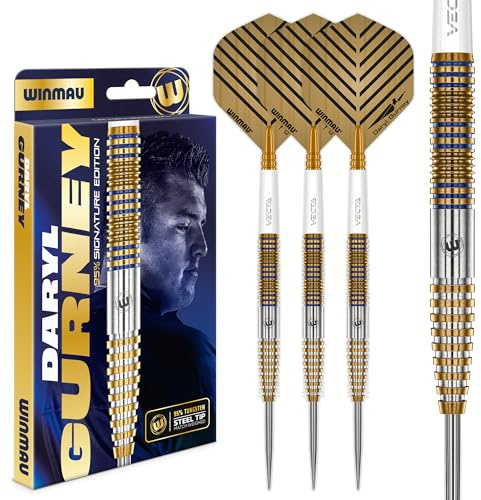 WINMAU – Daryl Gurney Signature Edition – 23 g – 95 % volfram – professionellt stålspetspilar set med dartflygningar och stjälkar (axlar)