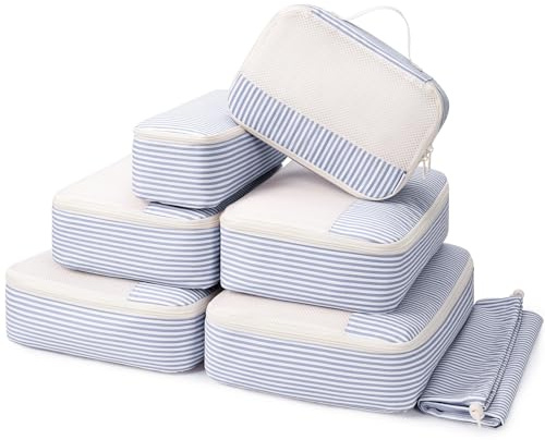 Narwey 7 set packkuber för resväskor och ryggsäck, randig resväska organiseringsväskor resepackkuber skoväska för handbagage rese väsentligheter tillbehör (gråblå randig)