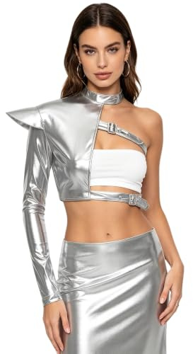 FEESHOW Femme Harnais De Corps Top Court Gothique pour Femmes Harnais De Poitrine Surmanches Scintillantes Cuir PVC Look Mouillé Bars