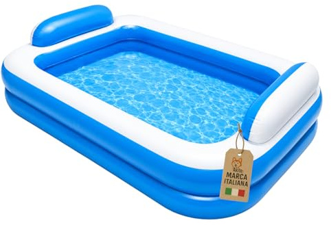 Akitaink Piscina Gonfiabile Rettangolare 266x175x50 cm con Cuscini Integrati, in Vinile Resistente per Bambini dai 3 Anni, Colore Azzurro e Bianco
