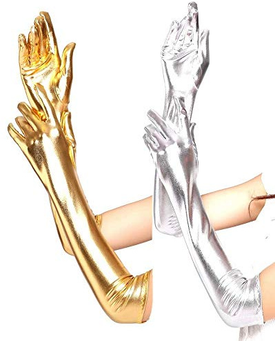 krautwear® Damen Finger Handschuhe Metallic ca. 44 cm Lang Gold Silber