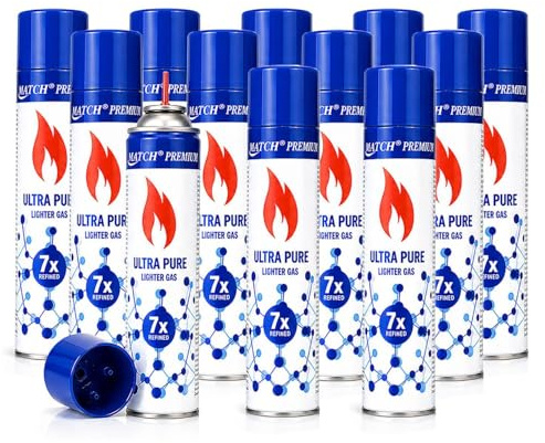 12x 300 ml Feuerzeuggas zum Nachfüllen mit Adaptern | Butangas für Flammbierbrenner | Sturmfeuerzeuge | Stabfeuerzeug | Feuerzeug Gas Nachfüller