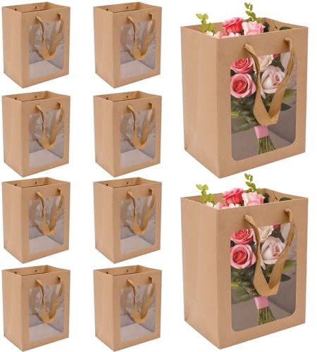 INHEMING 10 Pezzi Sacchetti Carta Regalo con Manici e Fenster, Shopper in Carta,Borse Carta Kraft per Shopping Compleanno Party Celebrazioni