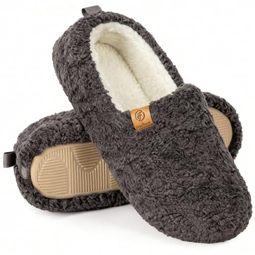 EverFoams Women’s Soft Curly Full Slippers Memory Foam Lightweight House Shoes Cozy Loafer with Polar Fleece Lining Dark Grey,8.5 US