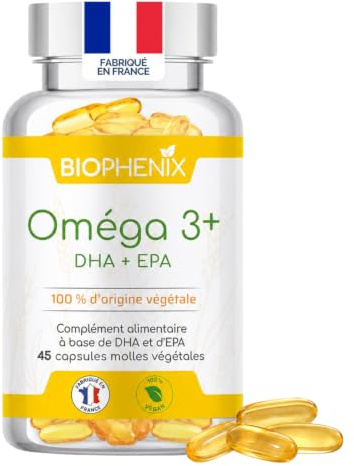 Biophénix Oméga 3+ 100% Végétal 45 Capsules, Clarté Mentale & Mémoire | Clarté Mentale, Mémoire, Concentration, Humeur et Peau, Oméga 3 Végétal riche en DHA, Conditionné en France