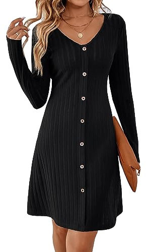 MYCOLORBLUE Kleider für Damen A Linie V-Ausschnitt Langarm Deko Knopf Gestreift Vintage Täglich Midikleid Strickkleider Schwarz XXL