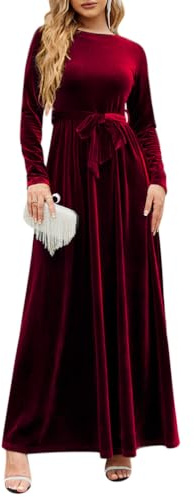 Minetom Femme Automne Hiver Longue Robe Velours Elegant Col Rond Couleur Unie Manches Longues A-Line Robe Soirée Fête Cocktail Maxi Robes A Rouge S
