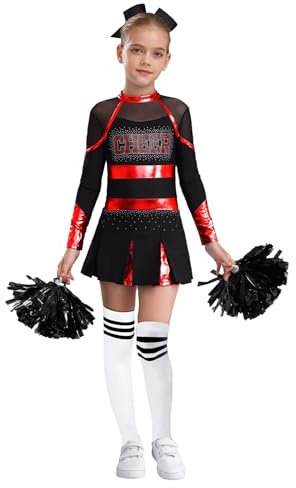 Miaeowve 4 Pcs Girl Cheerleading Uniform Dress Cheer Leader Costume Cosplay Outfits for Kids Halloween Carnival Dress up Red&White 7-8 Years