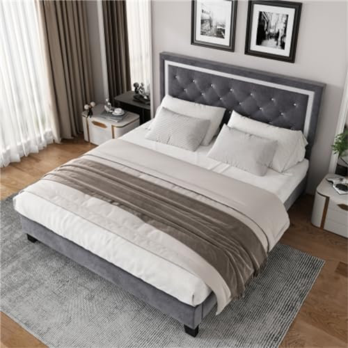 140 X 200 cm Großes Polsterbett, Mit Verstellbarem Kopfteil Mit Eingelegten Rautenförmigen Knöpfen, Mit Untergestell Aus Massivholz, Grau, Für Schlafzimmer Und Gästezimmer