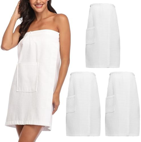 PENGEE 3 Pcs Towel Wrap for Women Lightweight Waffle Spa Bathrobe Cover Up Bath Shower Wraps with Adjustable Closure, White S/M