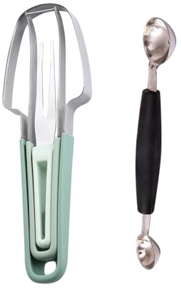 AYNKH 3-in-1 Wassermelonen-Gabelschneider-Set, 1 x Wassermelonen-Gabelschneider + 1 x Kugelbagger, Wassermelonen-Schneider, Obstmesser, Edelstahl-Fruchtschneider
