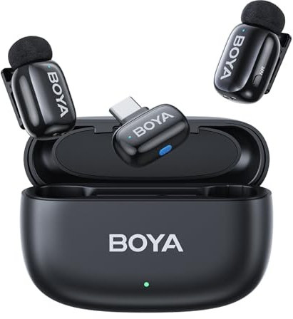 Boyamini Wireless Lavalier Microphone for Andriod USB C, Ultra mini microphone with AI voice switching, noise reduction and charging case, Metal clip on TikTok Content Creators