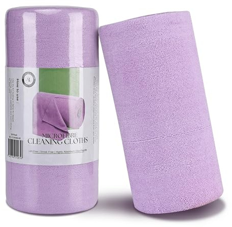 Socrates Microfiber Cleaning Cloth Roll – 50 Tear-Away, Ultra-Absorbent, Reusable, Washable, Quick-Dry Towels in Purple