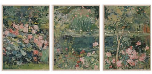 Farmhouse Abstract Landscape Wall Art Vintage Oil Painting Prints Vintage Spring Wildflower Wall Art Impressionist Garden Pond Floral Poster Set of 3 for Living Room Bedroom Home 12x16 Inch Unframed