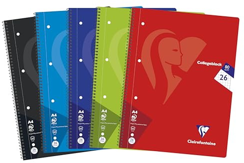 Clairefontaine 307226C - Spiralheft - Collegeblock Mimesys, DIN A4, 80 Blatt 90g, Lineatur 26 (kariert mit Rand), Farben sortiert, 1 Stück