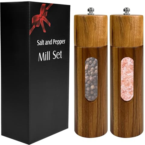 Amdoticknpf 2 Piezas Molinillo de Pimienta, Molinillo de Sal de Cerámica Ajustable, Molinillo de Especias de Madera, Molinillo de Sal y Pimienta con Ventana Acrílica Transparente, para Varias Especias