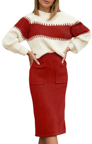 Generisch Set da donna in due pezzi in maglia e gonna – Elegante insieme con strisce a blocchi e maniche a palloncino | Combinazione a costine per autunno e inverno, Stil_e05 rosso, L